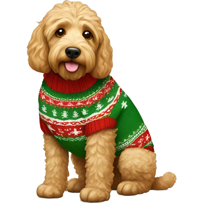 Golden Labradoodle and Christmas sweater stubby legs emoji
