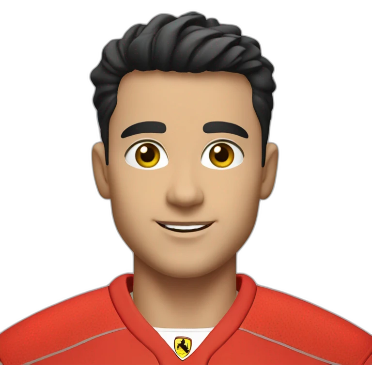 A young smiling white man in red Ferrari jersey with very short black hair and light green eyes and dig cheeks emoji