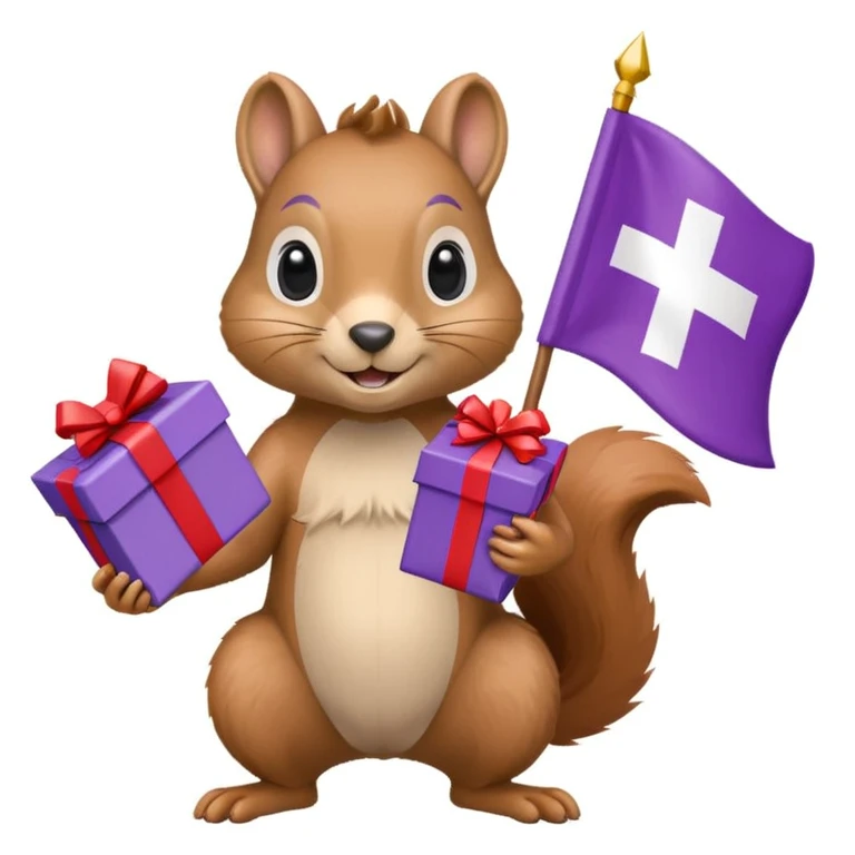 a squirrel holding a purple gift box in one hand and a Swiss flag in the other, both objects clearly visible, simple white background, the gift is a different color from the flag emoji