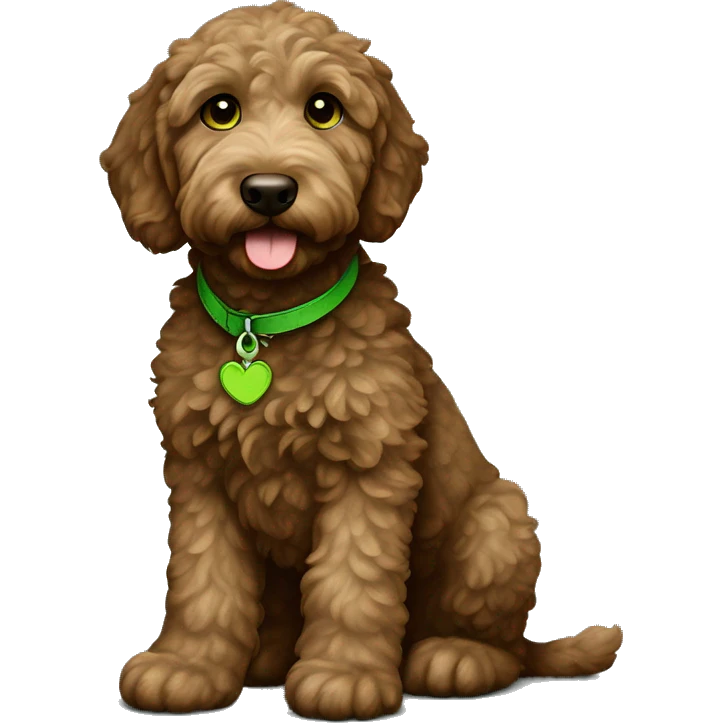 Darker brown goldendoodle puppy with green eyes full body emoji