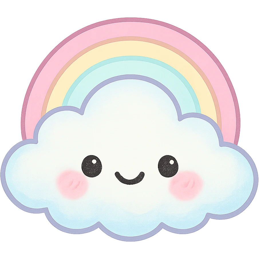 cute pastel rainbow cloud with a happy face and blushing cheeks, kawaii style emoji