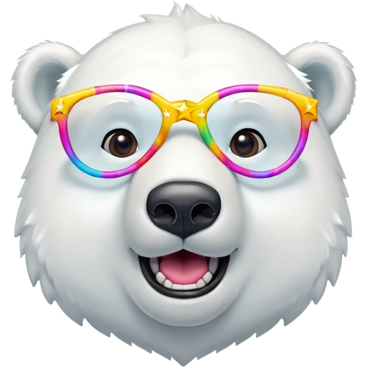 head and shoulders of a friendly anthropomorphised polar bear wearing oversized colorful star glasses, excited expression emoji