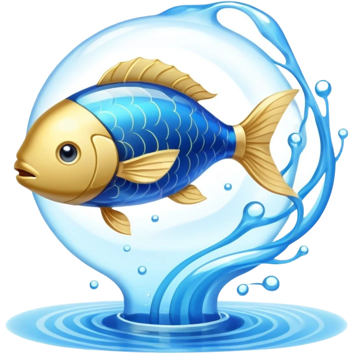 Golden omega-3 capsule floating in blue liquid currents, with an ethereal fish gently spinning around a radiant brain. Blue water waves expand from the brain, promoting mental clarity, emotional calm, and cardiovascular fluidity. emoji