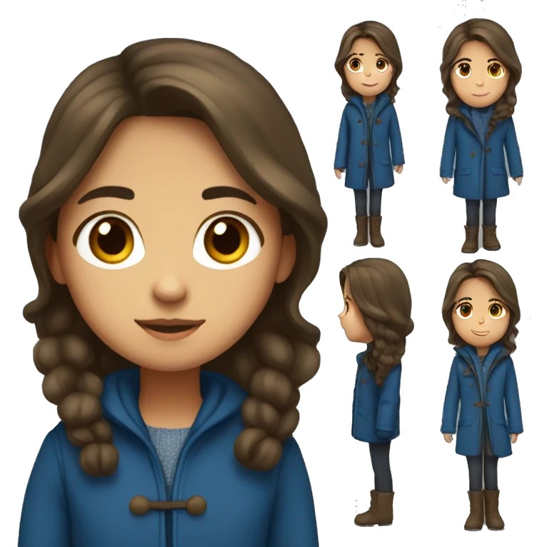 winter, christmas, hispanic, long brown hair, girl, brown eyes, child, full body, blue coat emoji