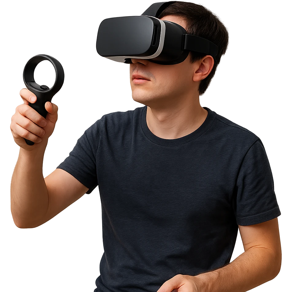 person wearing a VR headset, holding a VR controller emoji