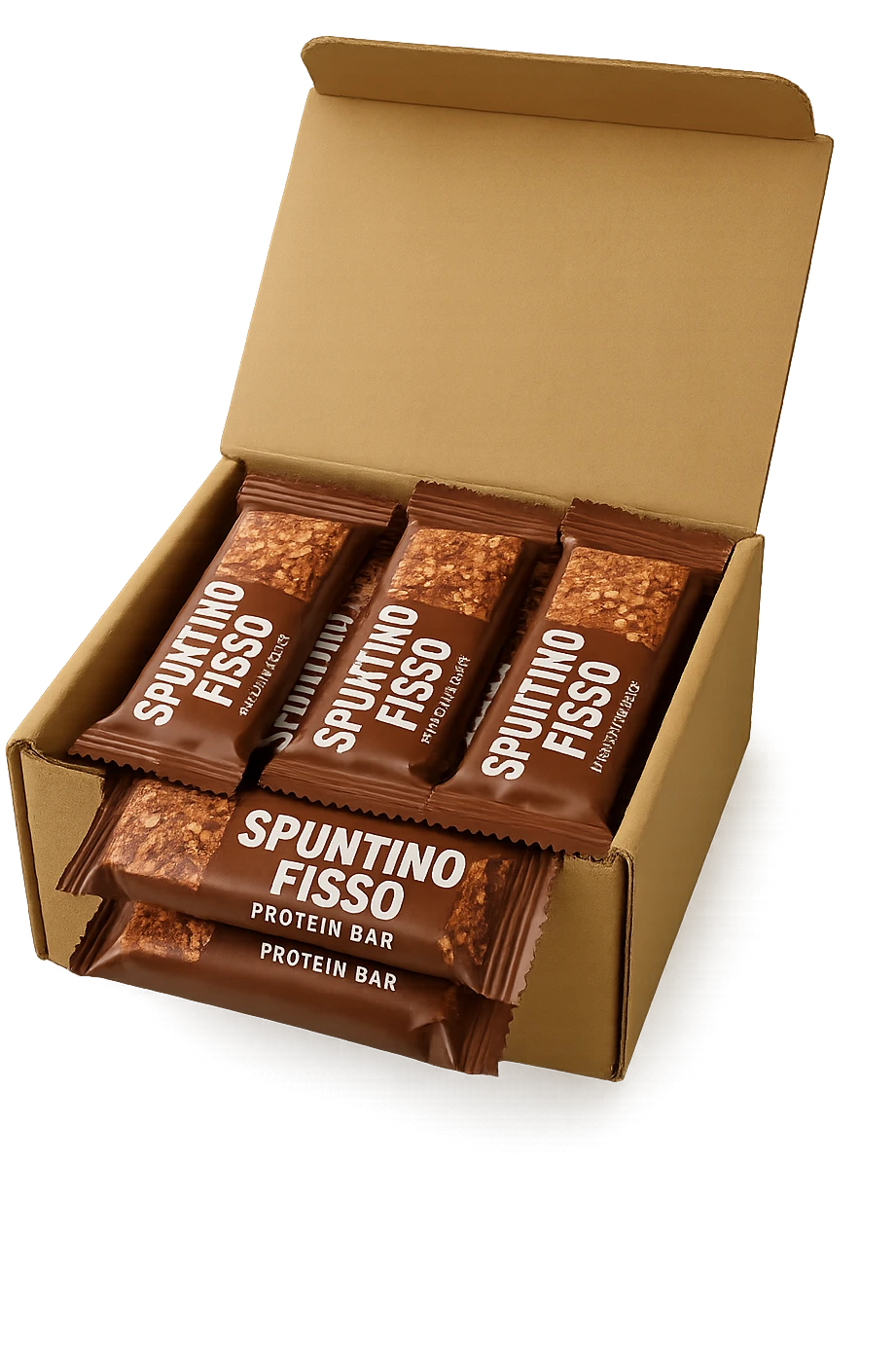 scatola aperta piena di barrette proteiche, con la scritta "SPUNTINO FISSO" SULLA CONFEZIONE in italiano,  realistici emoji