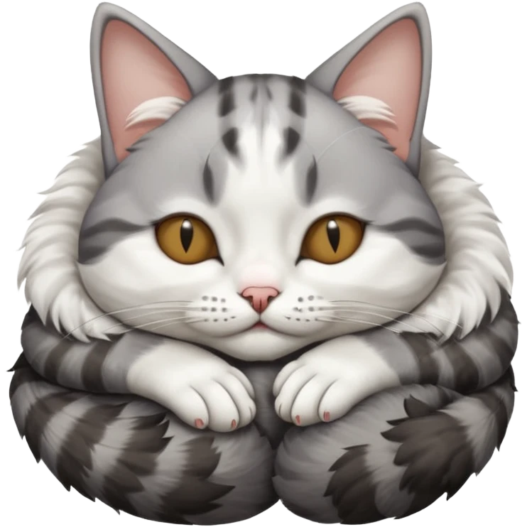 grey and white small cat with eyes closed lying down upside down with its paws/arms tightly covering its own face emoji