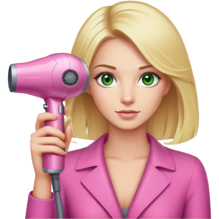 blonde woman with green eyes holding a pink Dyson hair dryer emoji