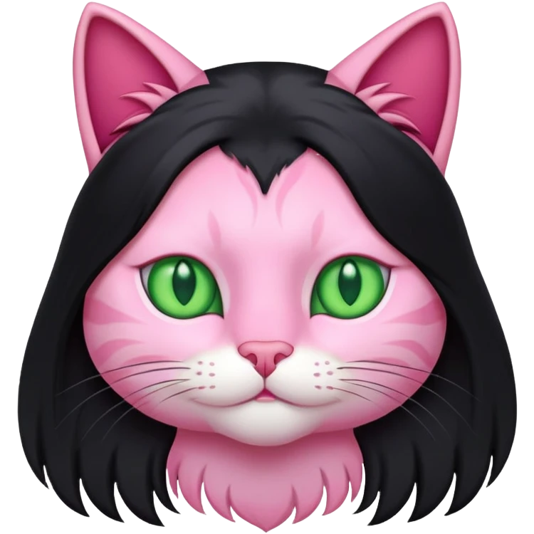 Pink cat with long black hair and green eyes emoji
