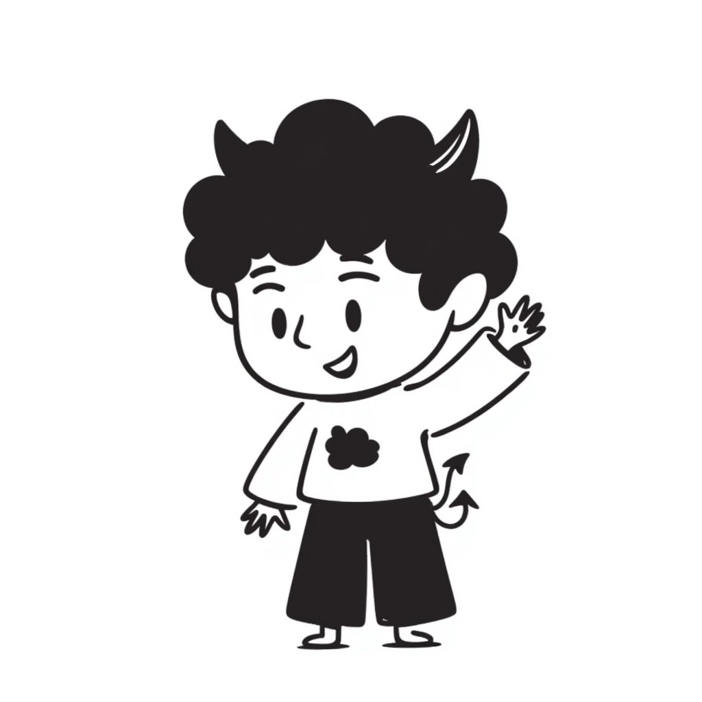 sketched chibi demon with oversized head, tiny fangs, and cute little wings in a playful pose emoji