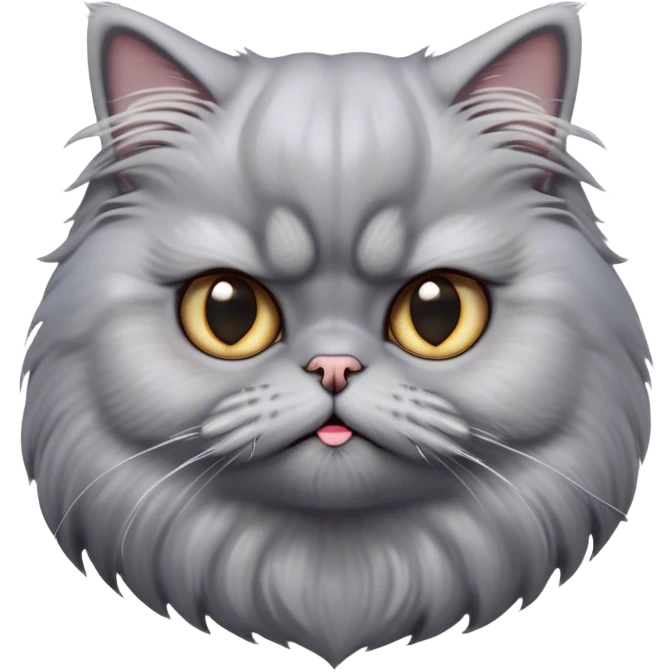 Cinematic Derpy grumpy comical Grey Persian Cat Portrait Emoji, Head tilted playfully with an adorably awkward expression, fluffy grey fur with soft silver undertones, Simplified yet hilariously derpy features, highly detailed, glowing with a warm but slightly confused glow, high shine, a mix of lazy and clueless, stylized with a touch of whimsy, bright but with a completely derpy and grumpy face, soft glowing outline, capturing the essence of a quirky yet chubby, grumpy kitty, so endearing it feels like it could stretch out of the screen and demand attention with its wonderfully derpy charm! emoji