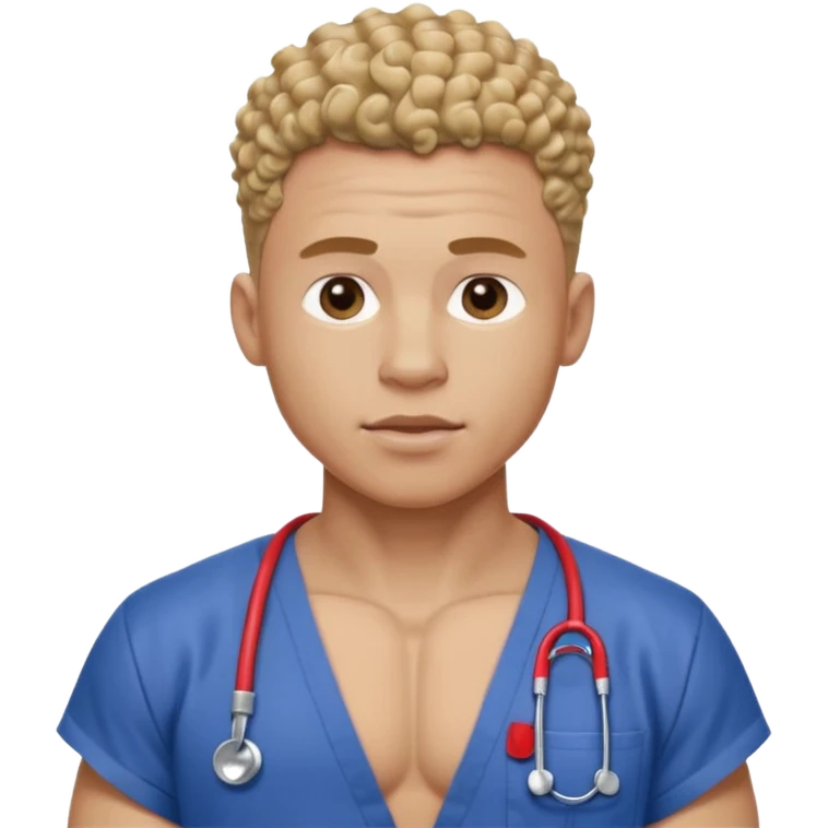 Ripped, athletic man with thick neck, high top fade with no part, curly hair only top only, no shirt and show waistline up add scrubs emoji