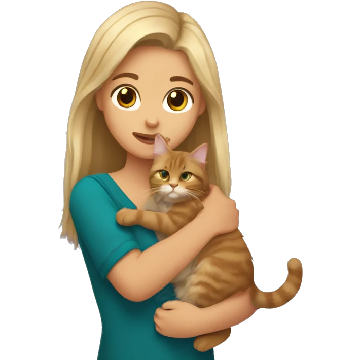 A blonde girl holds a brown Maine Coon cat in her arms emoji