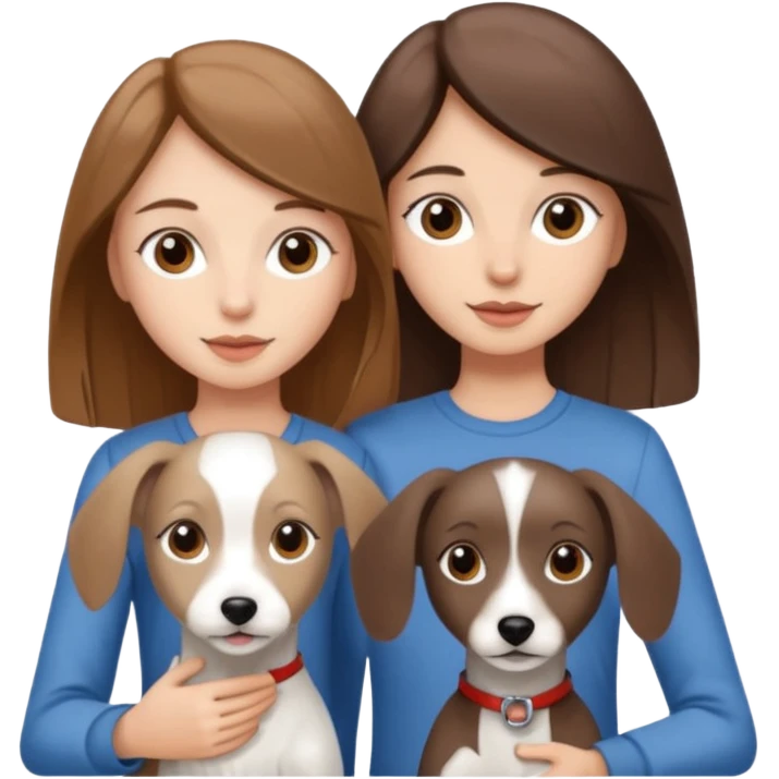 Two really cute girls, one light brown hair, one dark brown hair, tall skinny with a white Maltese and a mini greyhound emoji