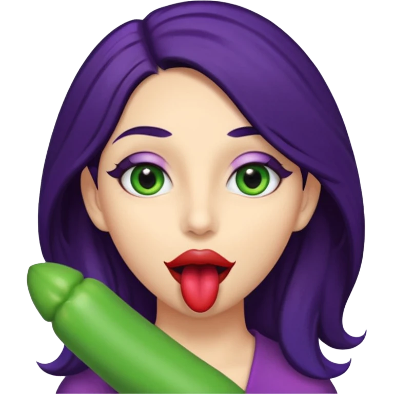 Big Puerto Rican colored dildo inside a juicy mouth  with blackish purple hair and Italian skin color with green almond shapes eyes, magical mouth with of mouth  emoji