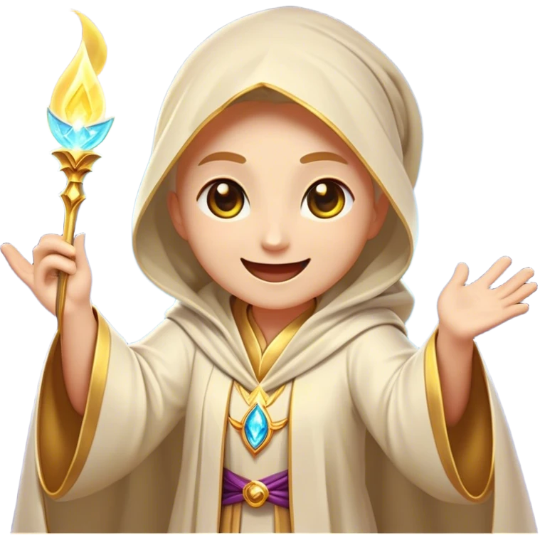 Clash of Clans aesthetic Cheerful Mage Portrait Emoji, With a bright, joyful expression and an aura of radiant magic, showcasing a stylish, robed figure with flowing garments and sparkling eyes in natural skin tone that convey boundless curiosity, Simplified yet expressive features, highly detailed, glowing with a soft, luminous mystical light, high shine, upbeat and wise, stylized with an air of fantastical wizardry, soft glowing outline, capturing the essence of a cheerful mage ready to cast spells of wonder on legendary quests! emoji