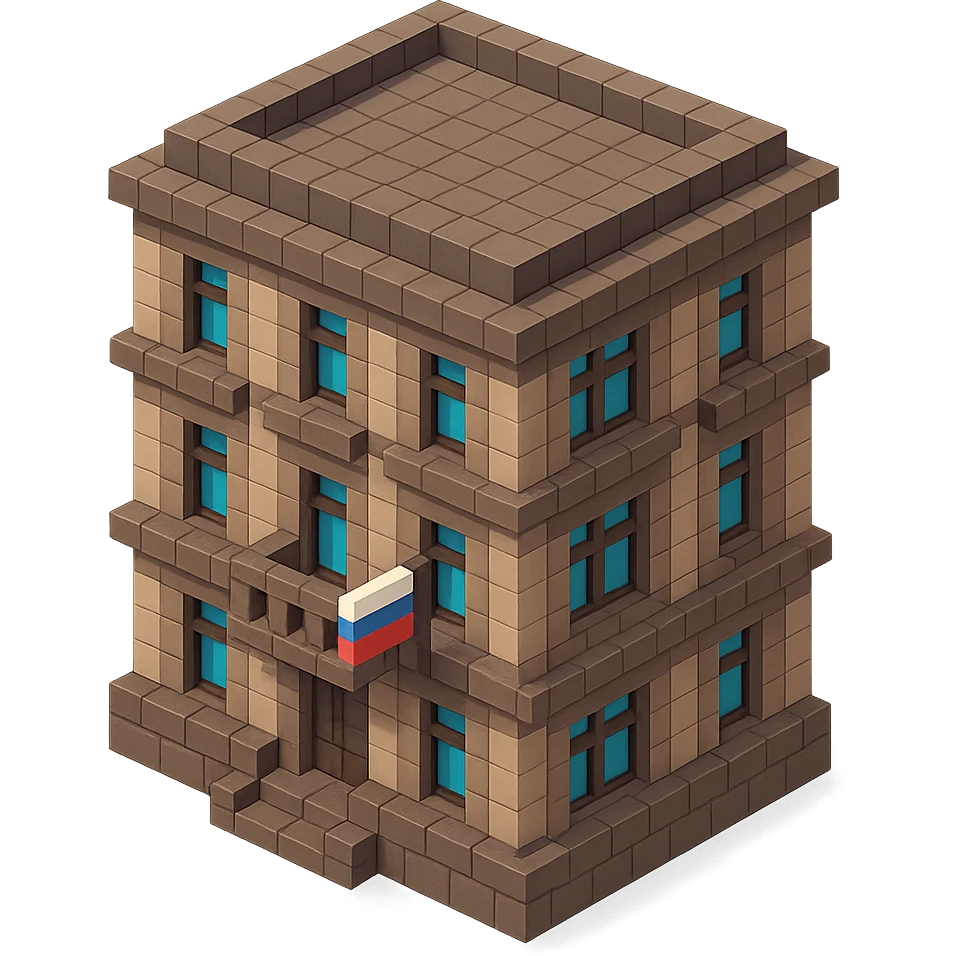 old Saint Petersburg building in voxel style, gray-brown tones, Russian flag on a small flagpole attached to a balcony, isometric view emoji