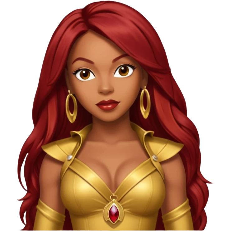 LaTavia Robeson from Destiny's Child with dark red long hair, gold outfit emoji