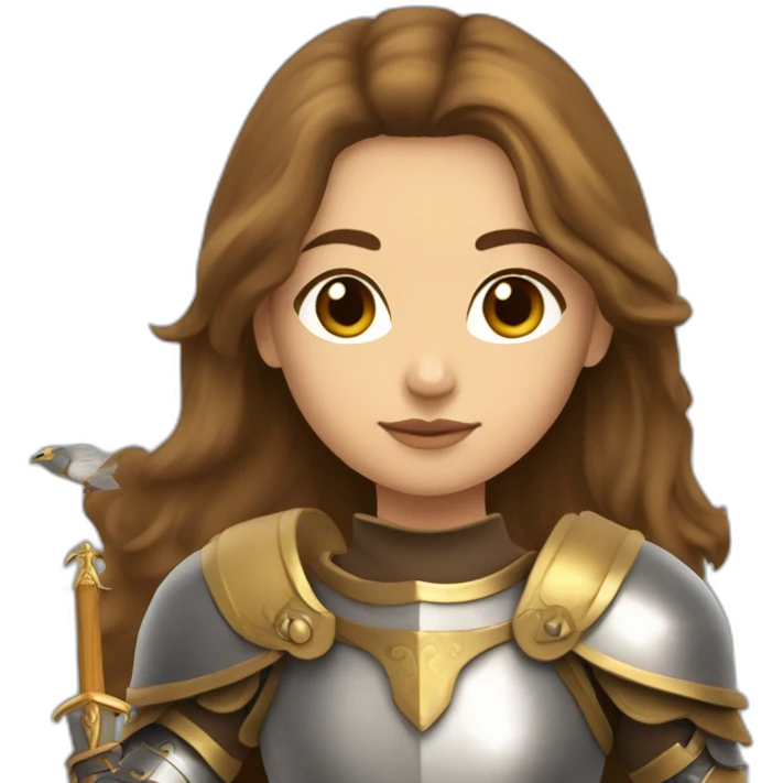 lady knight with bird chest plate and long brown hair golden eyes tan skin holding a sword emoji