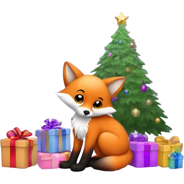 Baby fox sitting next to purple Christmas tree with presents  emoji