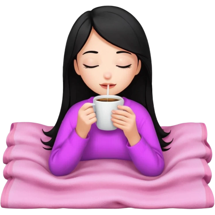 black haired girl inside a pink blanket sipping coffee with eyes closed and lashes emoji
