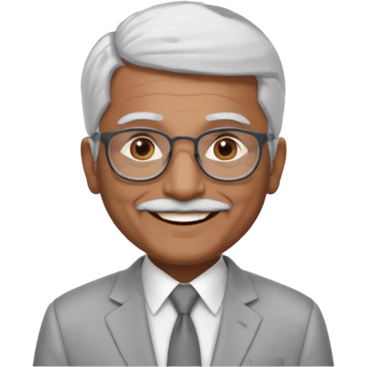 60 yr old indian man, short straight white hair brushed foreward , light grey business suit, big smile, dark brown skin, no moustache, dark brown eyes, glasses
 emoji