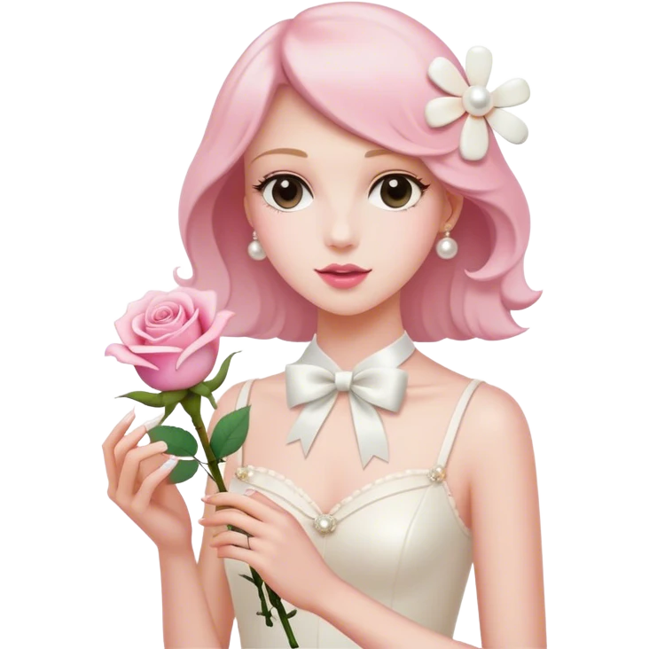 a beautiful aesthetic single rose in white and pink with an ivory bow and a pearl white perfume bottle with a white daisy on the cork emoji