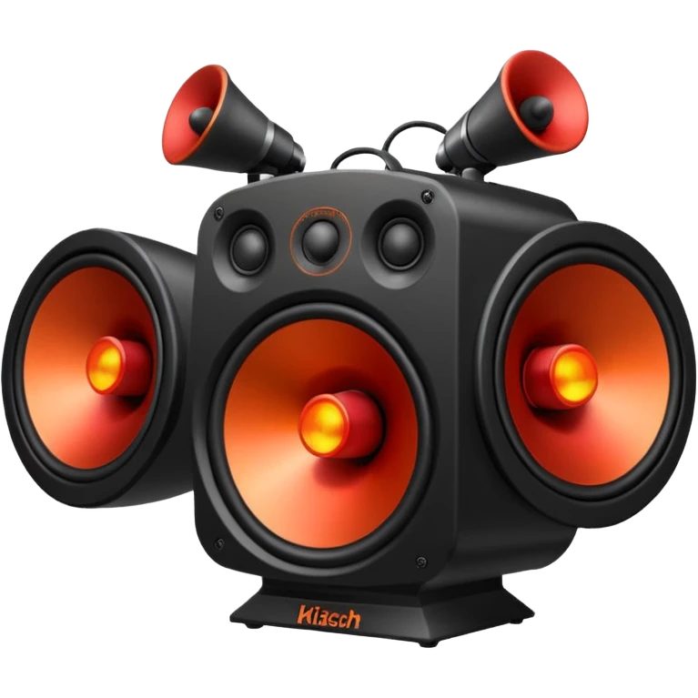 Head: A black KLIPSCH RP-8000F speaker, often represented with a red center or speaker cone.
Core: A small, bright glowing cherry-red circle representing his core.
Weapons: Shoulder-mounted speakers and plasma cannons on his arms.  emoji