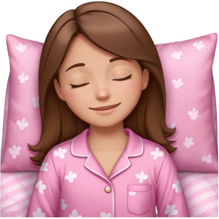 The brown long hair girl going to sleep in pink pajama with smile and closed eyes emoji