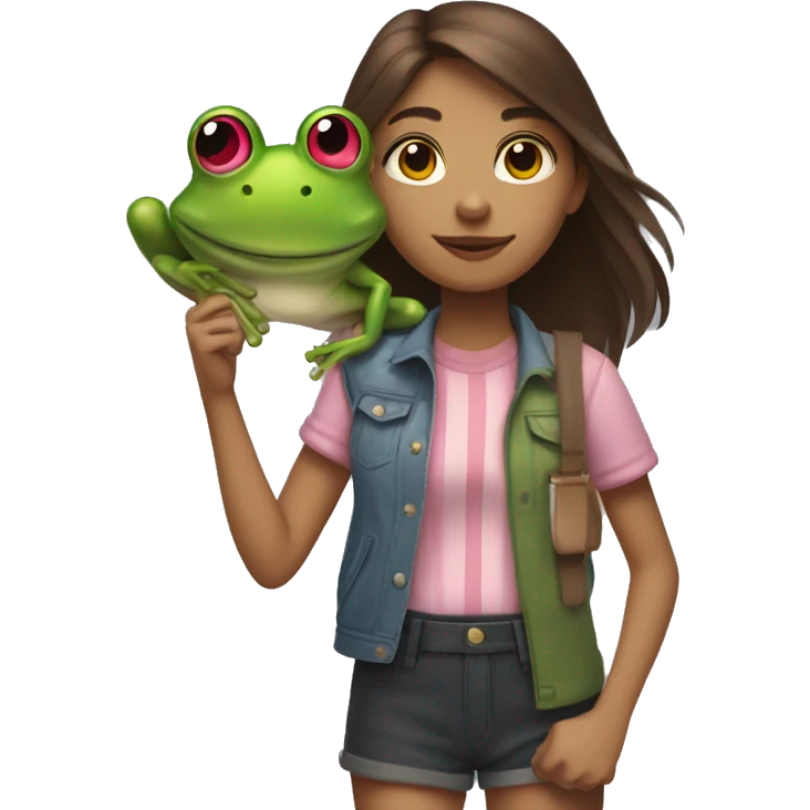a girl who lives in brixton with medium length brown hair, with a pink streak through it, who is standing with a frog on her shoulder emoji