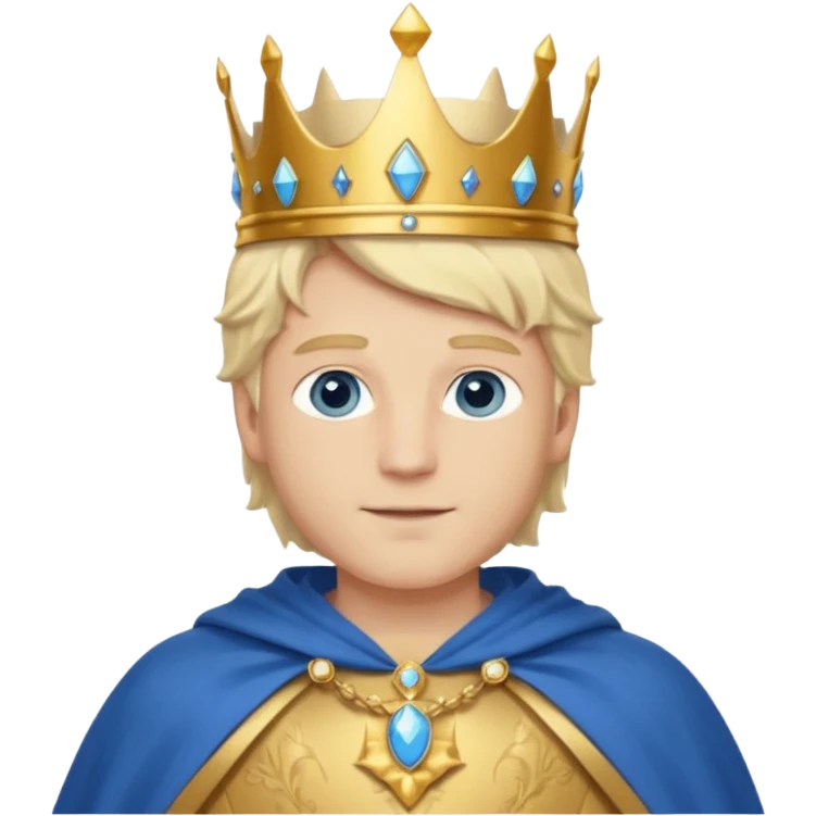 1 White king, blond hair, blue eyes, kind and benevolent vibe, gentle smile, wearing a crown and blue cloak emoji emoji