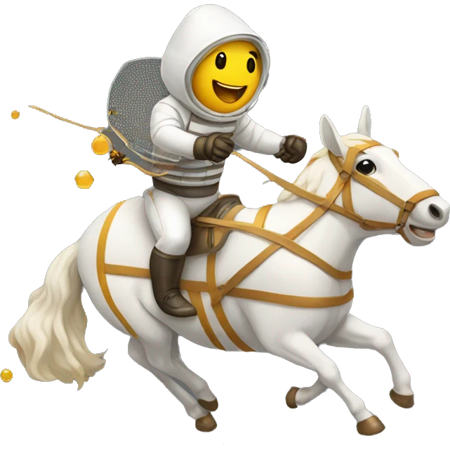 beekeeper wearing a fencing Veil riding a horse with small honey chasing him emoji