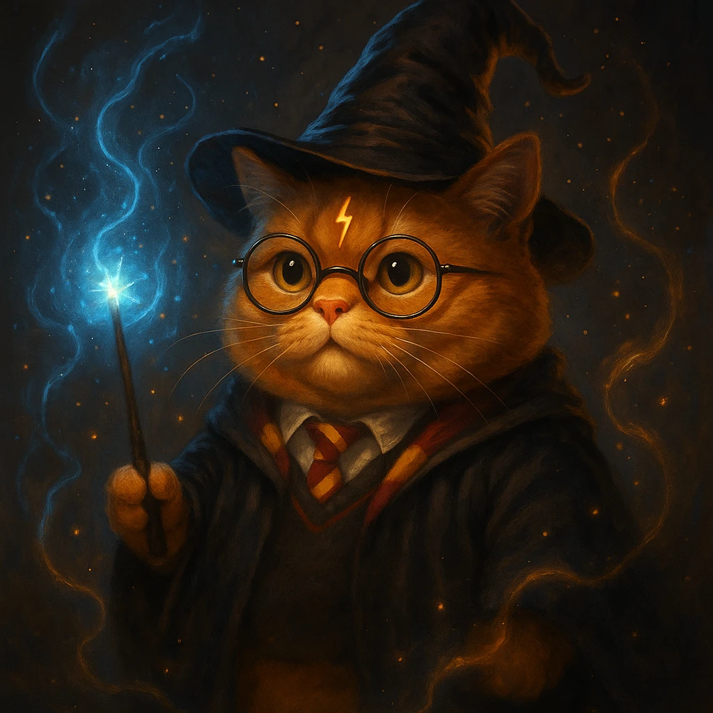 a chubby orange cat with a lightning bolt scar and wizard hat, Harry Potter style, magical, fantasy emoji