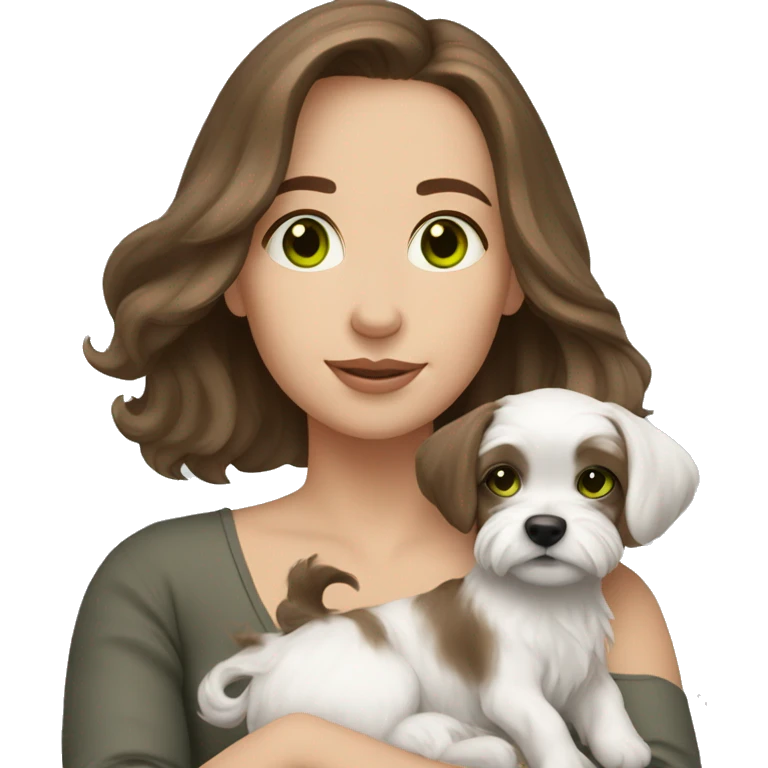 A Woman with brown hair and green/grey eyes and cuddle with a dog maltese  emoji