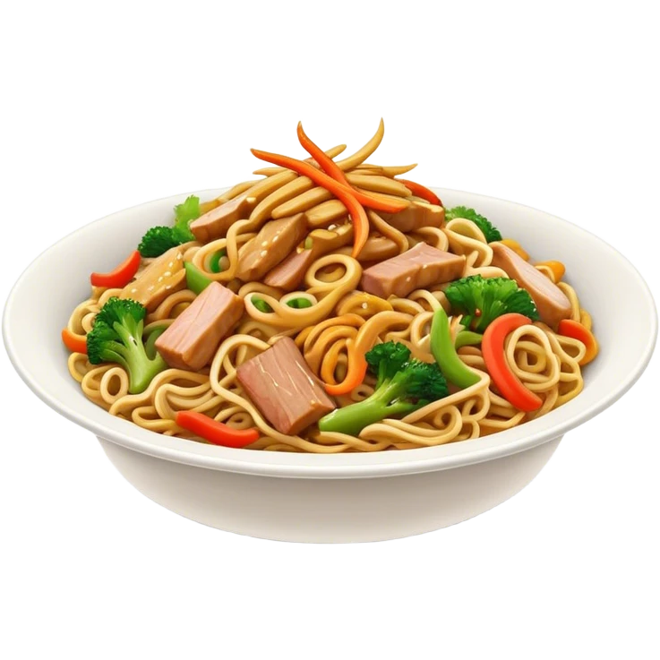 Cinematic Realistic Chow Mein Dish Emoji, showcasing stir‚Äêfried noodles with crisp vegetables and tender meat, rendered with lifelike detail and vibrant, dynamic lighting. emoji