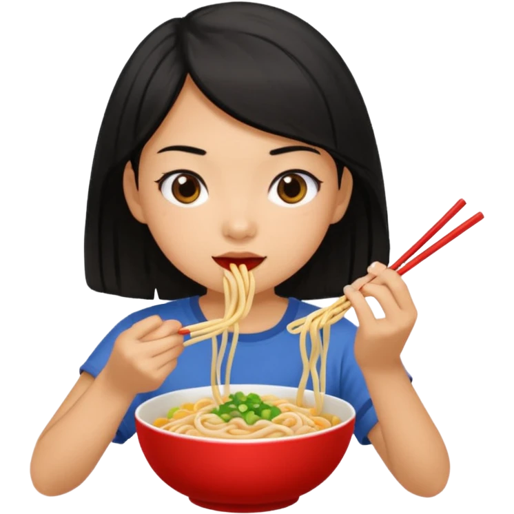 girl with black hair in short sleeves eating noodles emoji