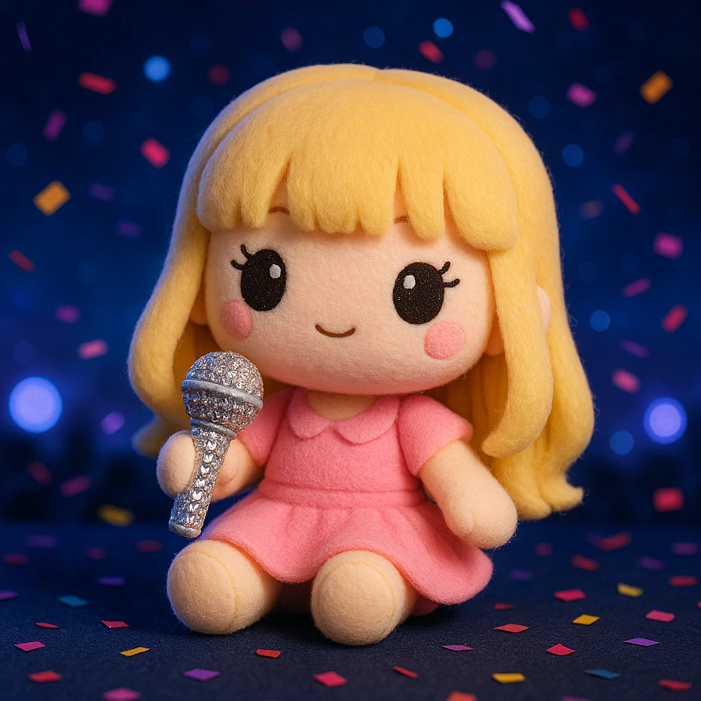 Pretty and girly Blonde pop star with bangs, holding a bedazzled microphone, reimagined as a soft kawaii plushie doll, with a nighttime concert backdrop with colorful confetti emoji
