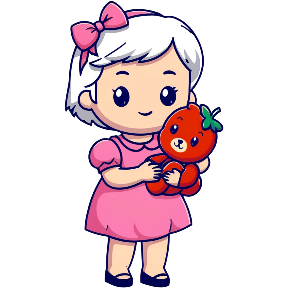 girl with white hair holding a strawberry wearing a pink dress holding a teddy bear emoji