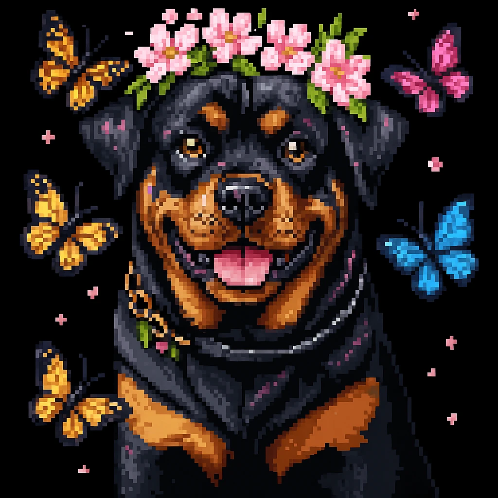Add butterflies fluttering around the rottweiler with a cherry blossom flower crown, keep the original style and colors pixel art style emoji
