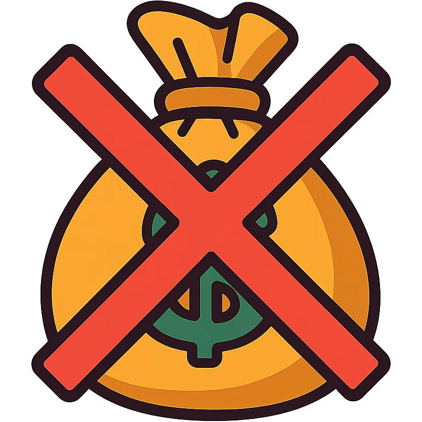 a cartoon-style sack of cash with a red X over it, vibrant colors emoji