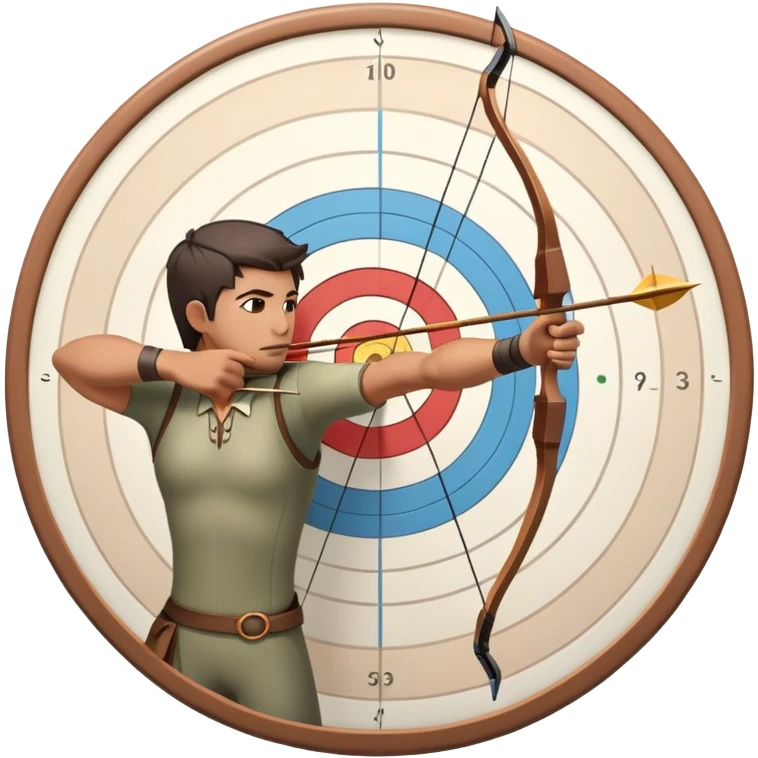 An archer drawing a bow and aiming an arrow at a target, with perfect focus and precision. The target is visible in the background, featuring concentric rings. The scene captures the concentration and skill involved in archery, emphasizing the elegance and accuracy of the sport. emoji