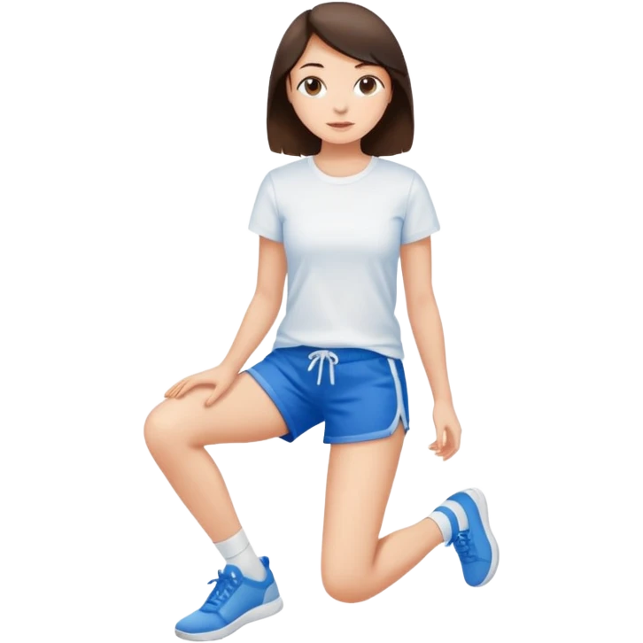 brunette girl in blue shorts and a white t-shirt sits on a longitudinal split emoji