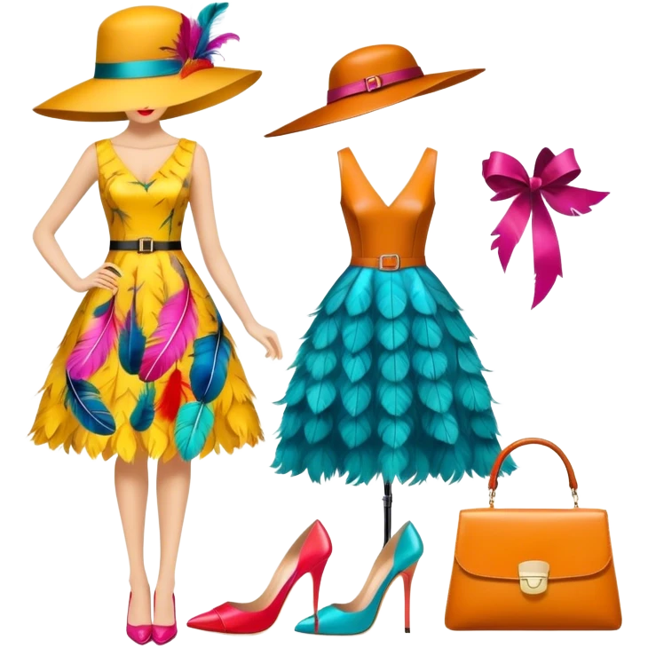 Icon for Fashion Design: a clothing pattern, a stylish hat, a bright dress, shoes, and a handbag, with measurements, a measuring tape, and a pencil. The icon should represent the creative and precise process of fashion design. Transparent background. emoji