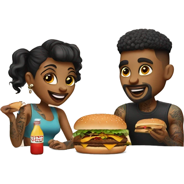 Beautiful tattooed couple eating burgers emoji
