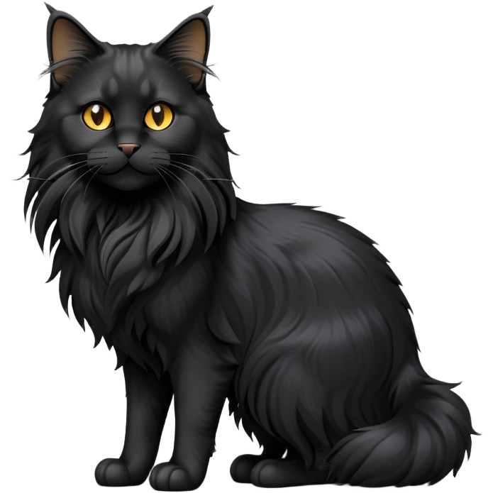 cinematic-black-maine-coon-cat-full-body-on all fours-emoji,-head-tilted-playfully-and-inquisitively,-sleek-solid black-fur,-simplified-yet-adorable-features,-highly-detailed,-glowing-with-a-warm,-friendly-glow -simplified-yet-realistic emoji