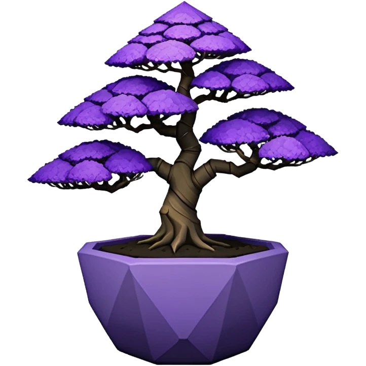  Earthenware ware small short squat cascading black violet bonsai pot plant purple lace-leaf pine tree with triangular angular polygonal faceted asymmetrical originally shaped pot emoji