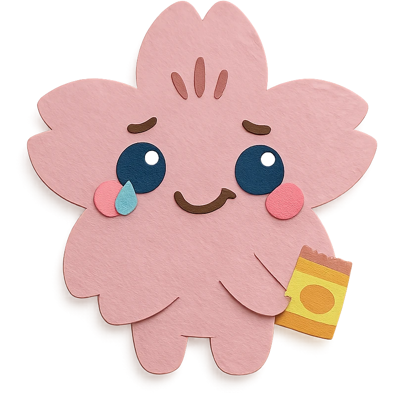 baby pink cherry blossom flower with teary eyes and a mischievous smile, hiding snacks behind its back, soft chubby body, kawaii face, paper-craft style emoji