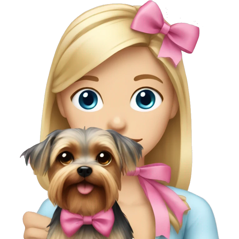 Blonde girl blue eyes with her pet yorkshire terrier with pink bow emoji
