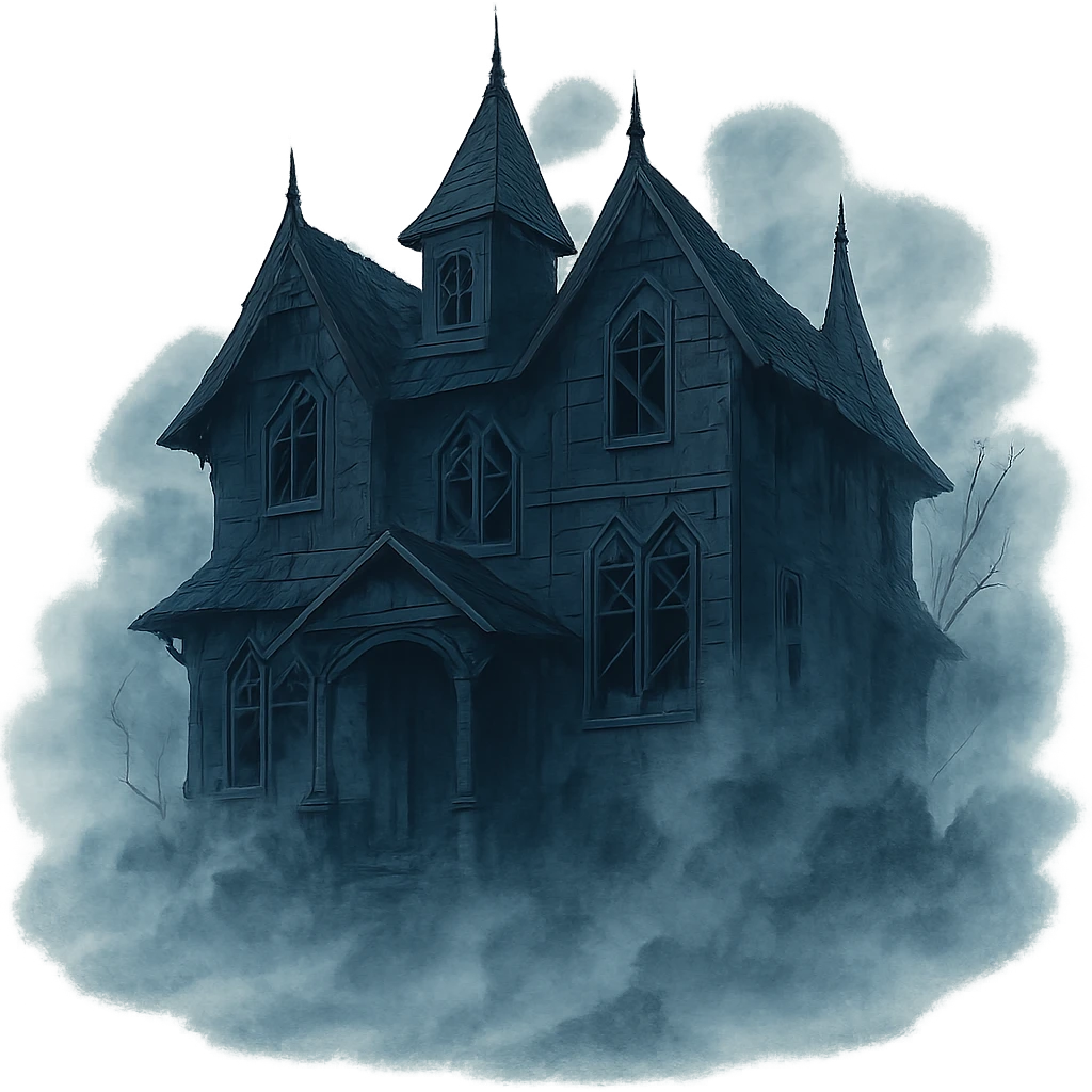 creepy haunted house with broken windows, eerie mist, gothic horror atmosphere emoji