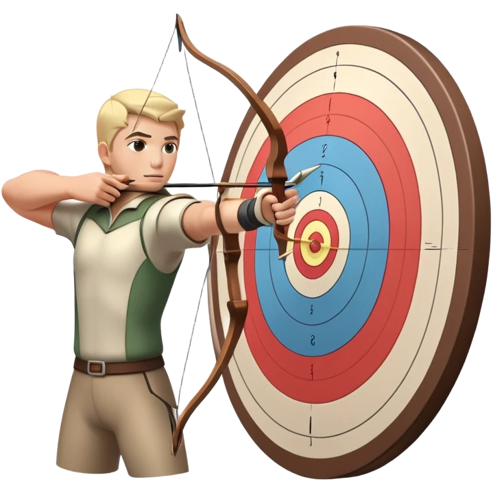An archer drawing a bow and aiming an arrow at a target, with perfect focus and precision. The target is visible in the background, featuring concentric rings. The scene captures the concentration and skill involved in archery, emphasizing the elegance and accuracy of the sport. emoji
